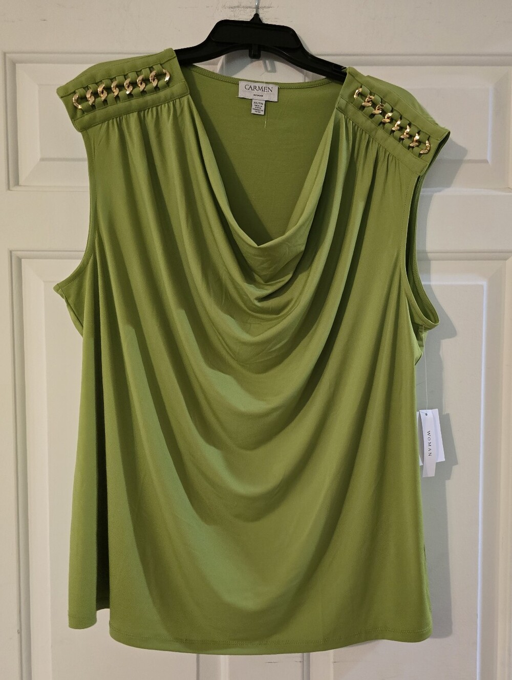 Carmen Olive Green Draped Cowl Neck Sleeveless Top with Gold Chain Shoulders